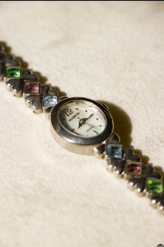 Vintage Elgin Colored Gems and Silver Tone Heart Watch