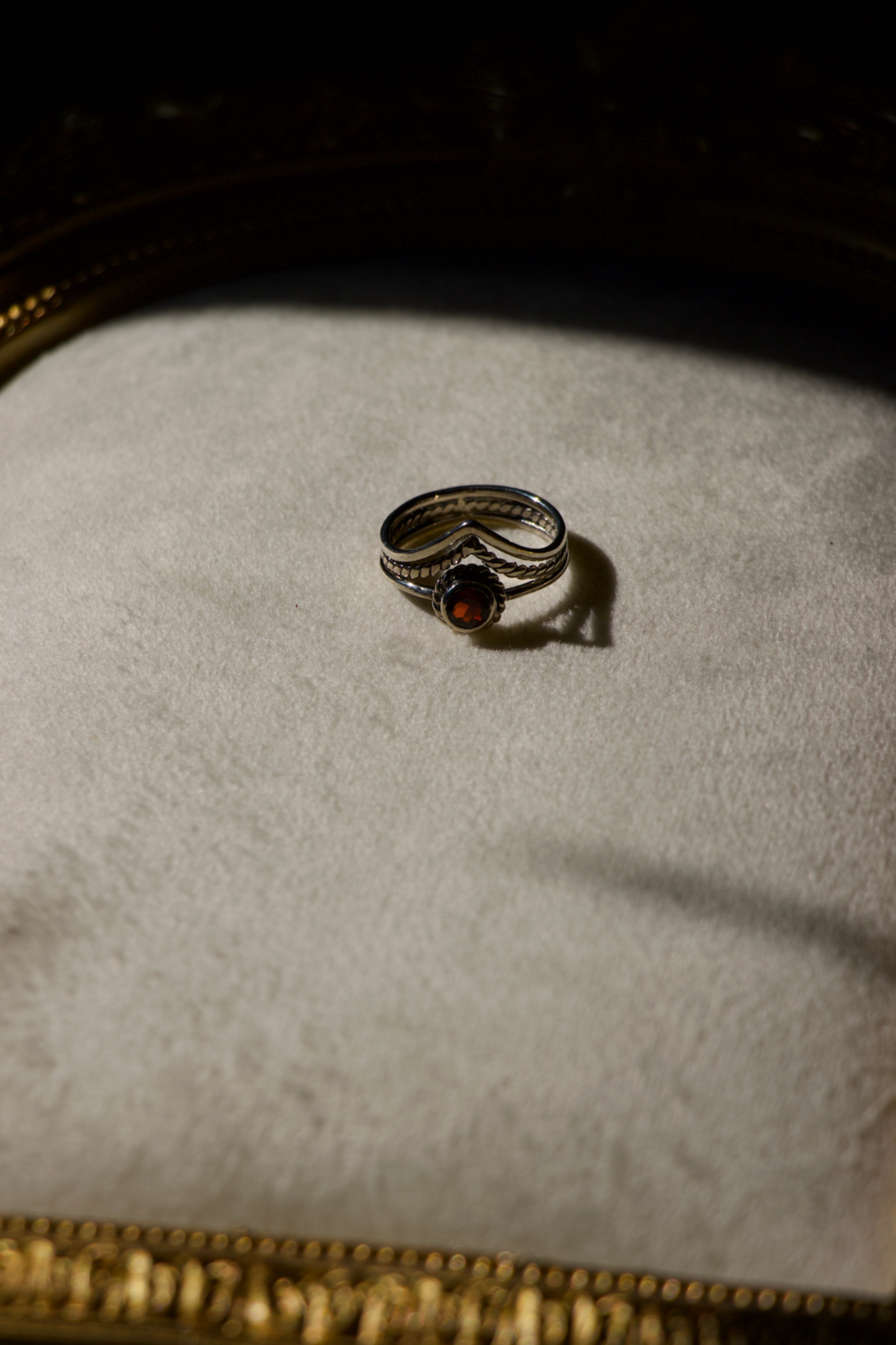 Victorian Style Sterling Silver Ring with Center Garnet