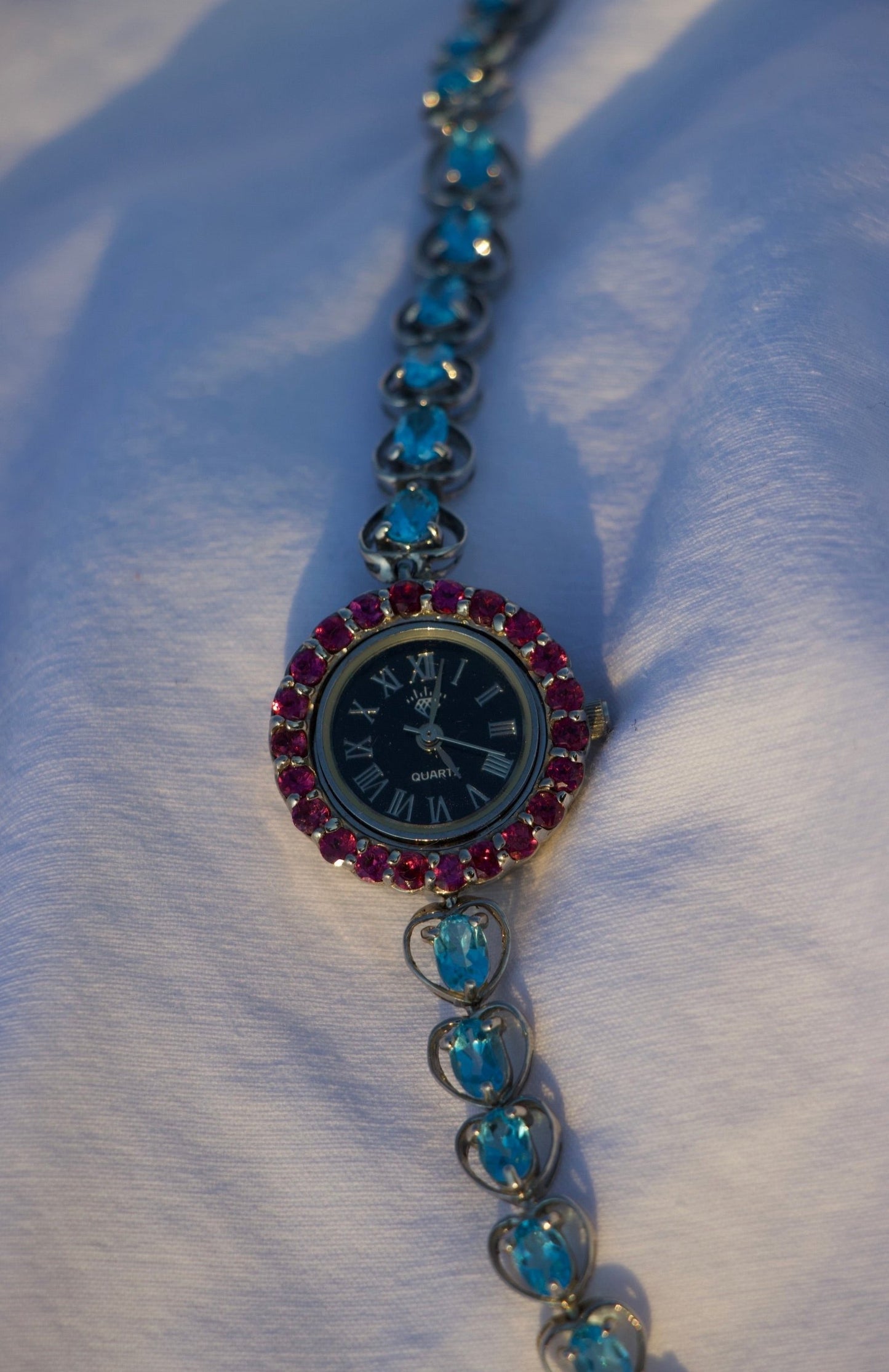 Stainless Steel Watch with Topaz and Purple Gems