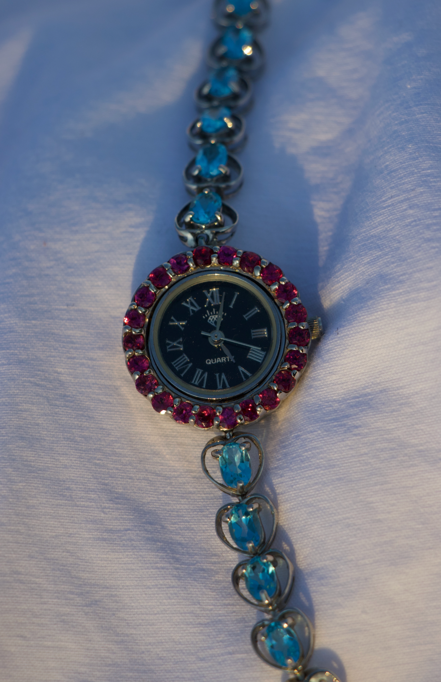 Stainless Steel Watch with Topaz and Purple Gems