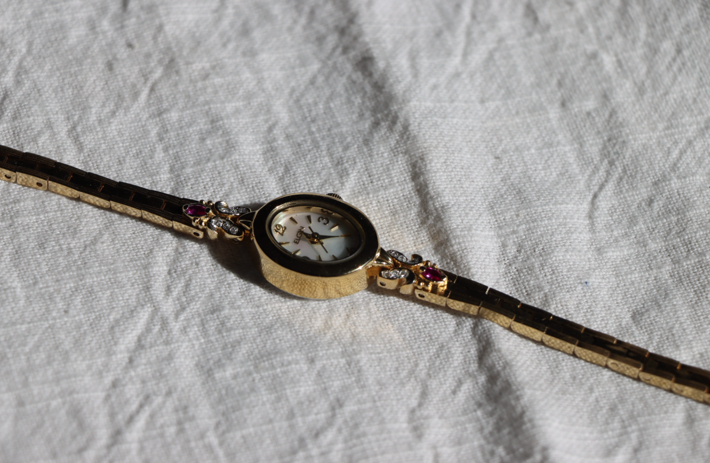 Elgin Gold Tone Vintage Watch with Ruby Accents