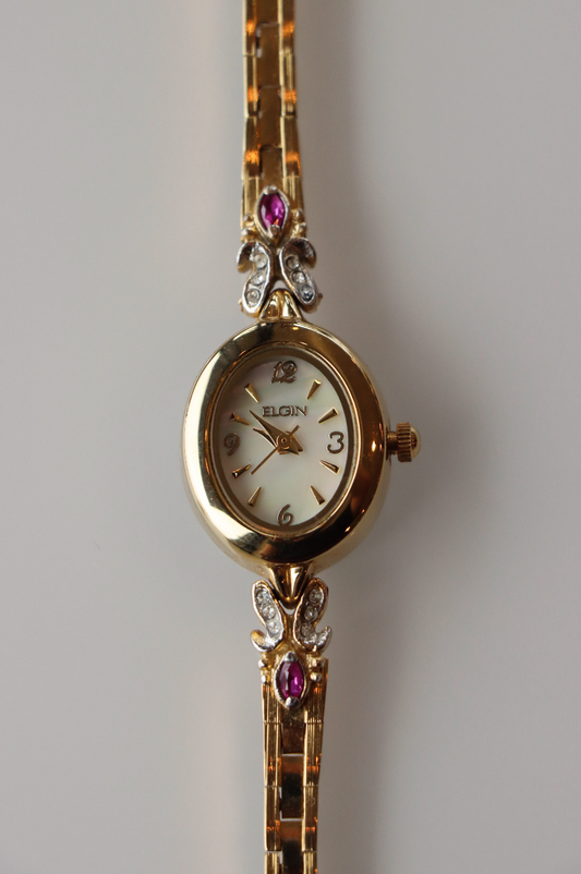Elgin Gold Tone Vintage Watch with Ruby Accents