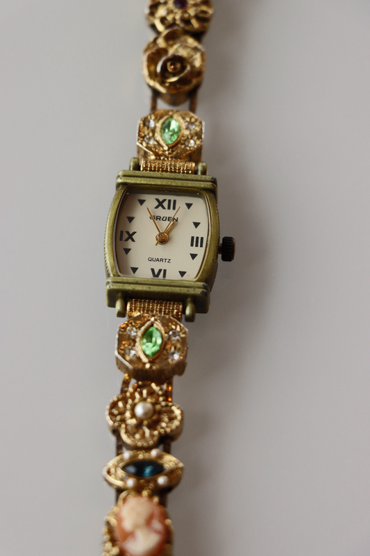 Gruen Vintage Gold Tone Multicolor Stone Watch
